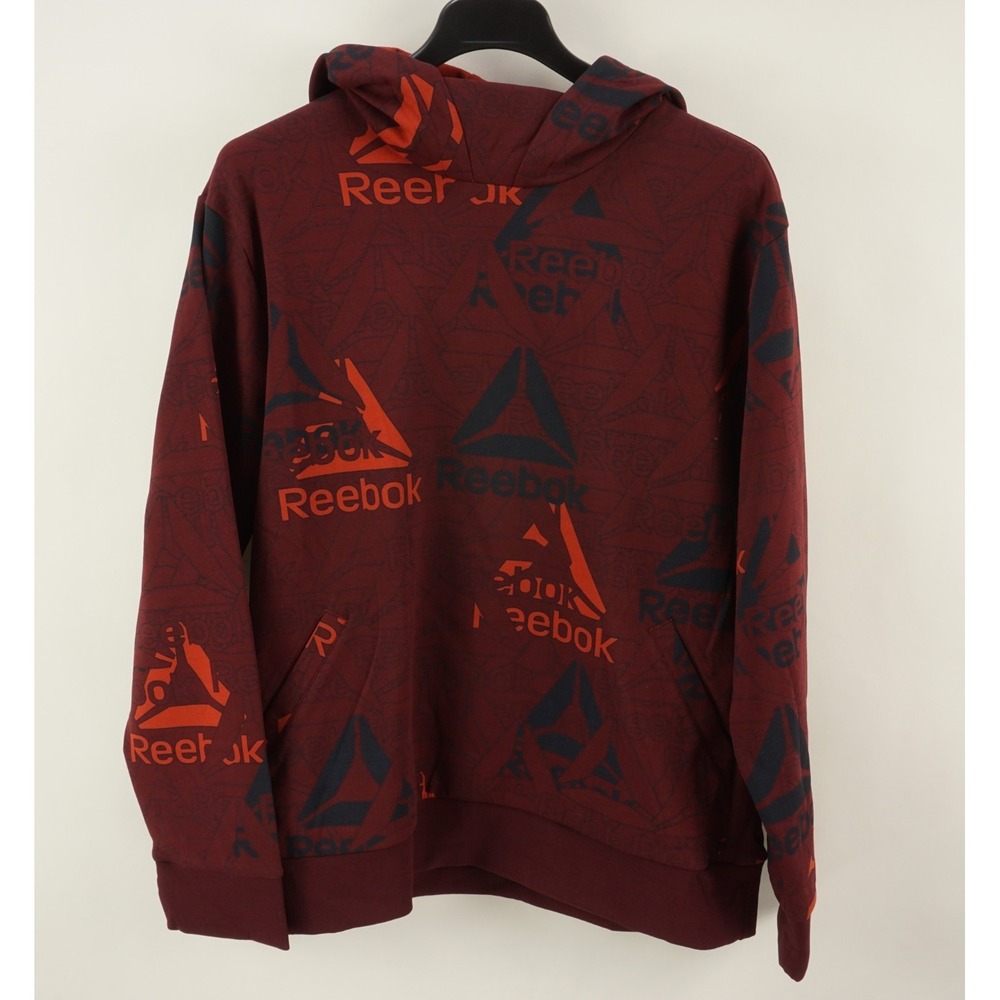 Reebok High Neck Pullover Training Hoodie Mens XL Burgundy Big Logo All Over AOP